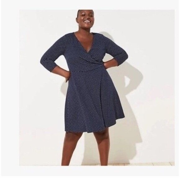 Loft Faux Wrap Dress Plus 18 Navy Blue Polka Dot Knee Length Stretch Knit - Picture 1 of 8